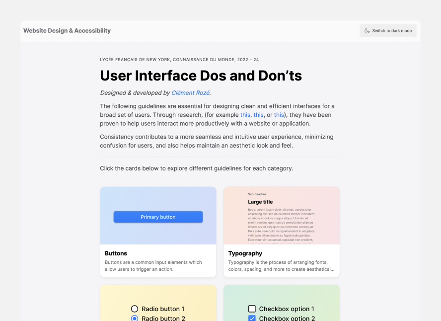 Home page of UI Dos and Don'ts website showing several UI categories for guidelines