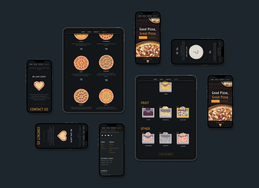 An arrangemenet of tablets and phones showing various screens of the Good Pizza, Great Pizza website
