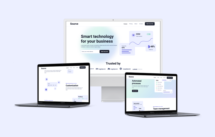 Computers showing various screens of the Source website such as the features and hero sections
