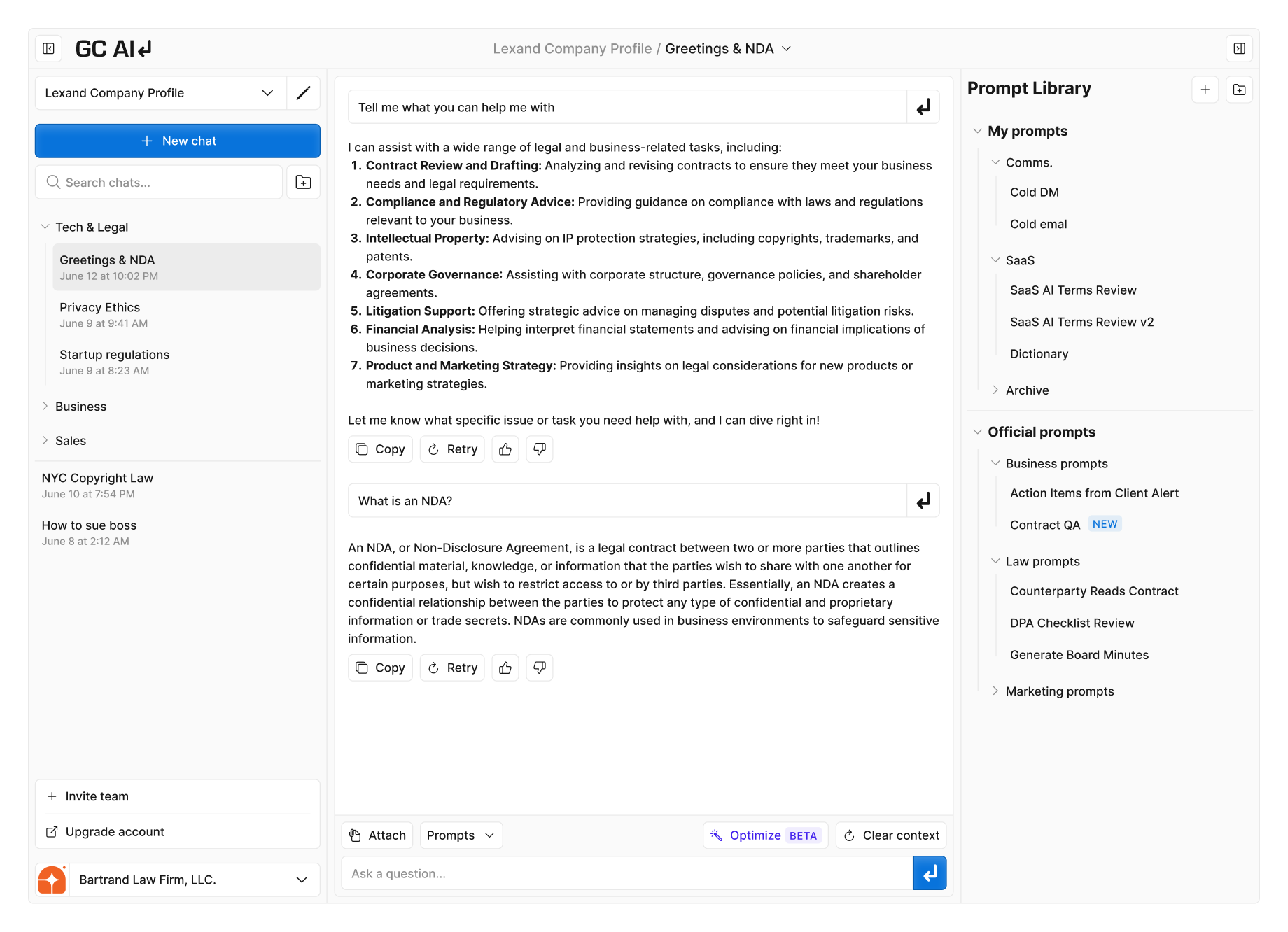 Main view of the GC AI product with sidebars open and a chat in progress