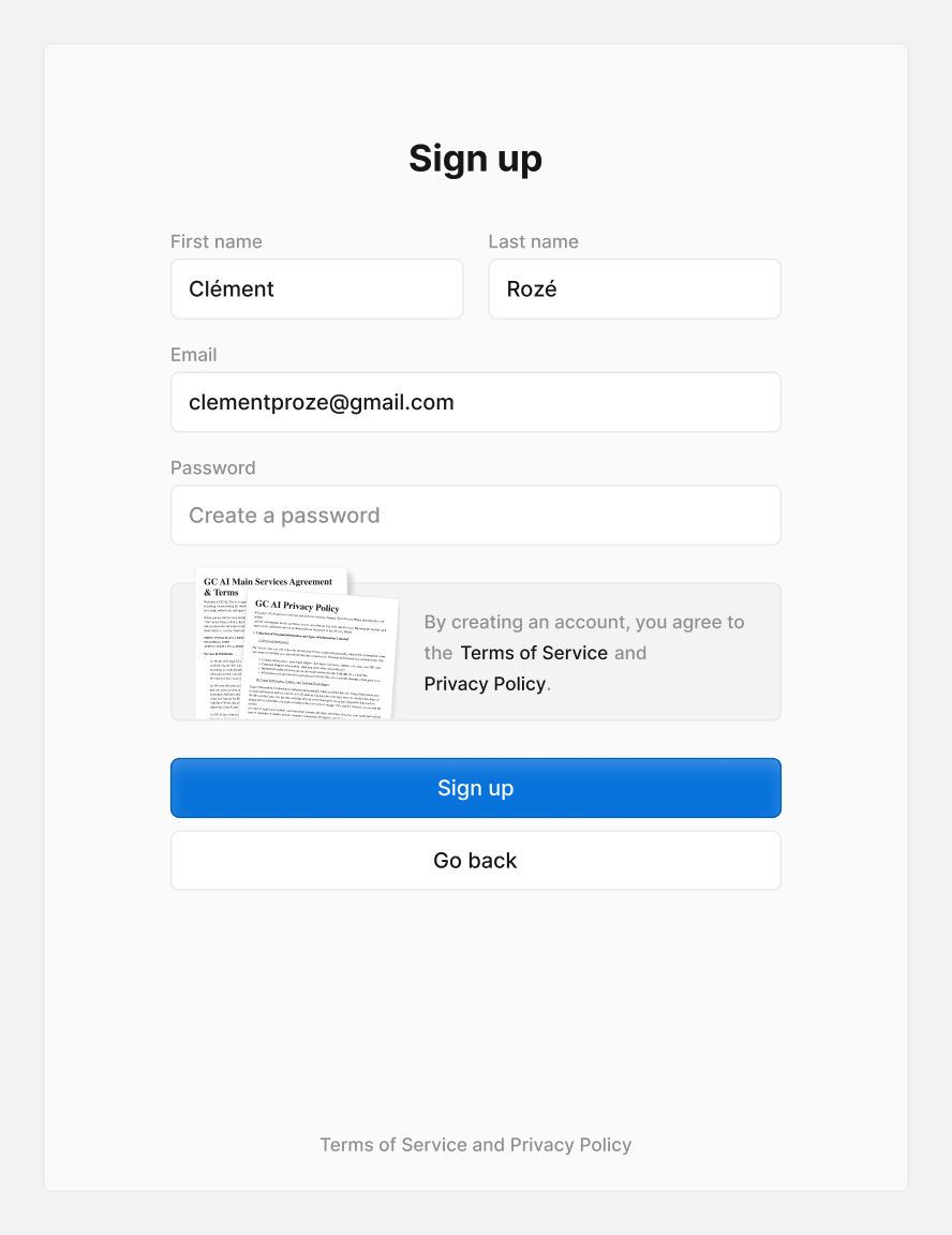 Sign up screen with names, email, password, and legal terms forms