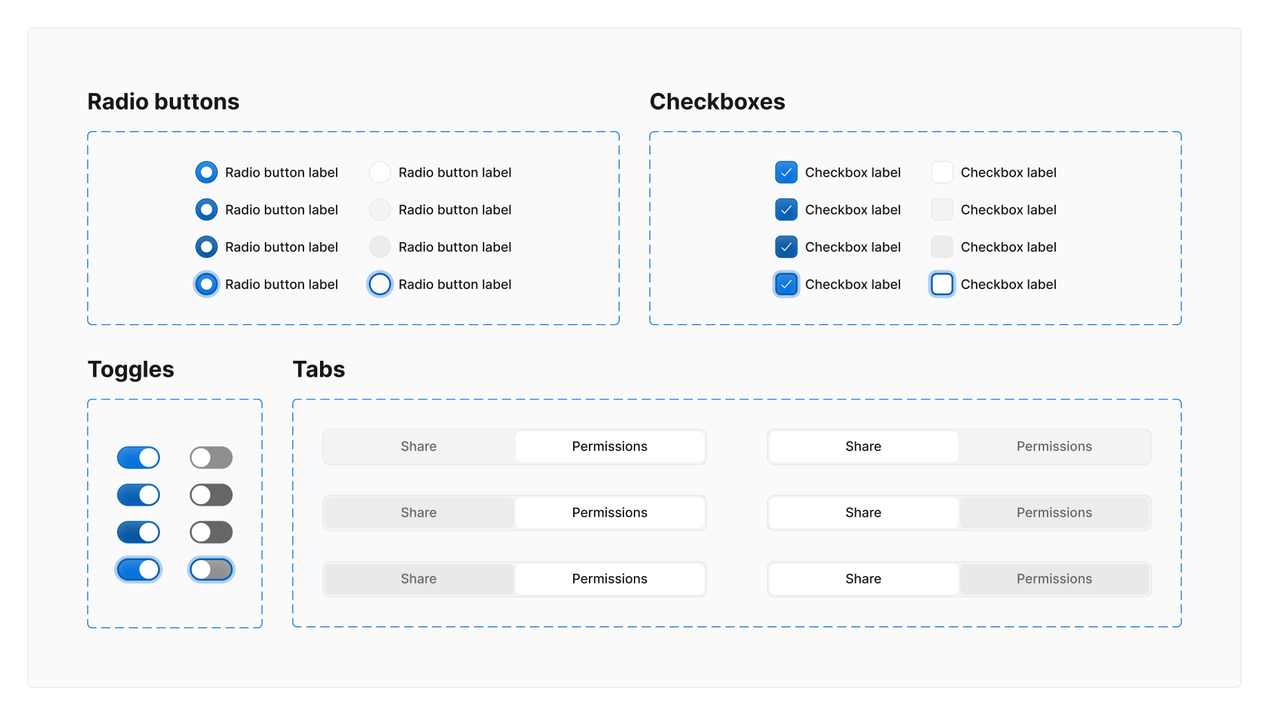 Snippet of design system including radio buttons, checkboxes, toggles, and tabs