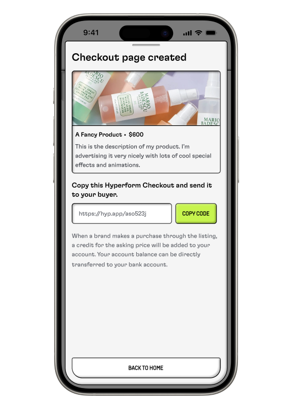 A phone showing the checkout page of the Hyperform app