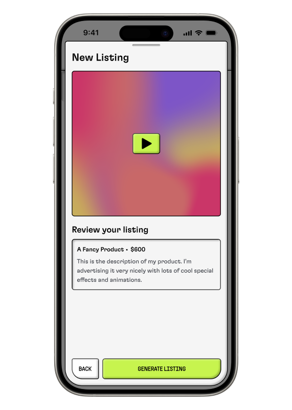 A phone showing the final step of the New Listing screen of the Hyperform app
