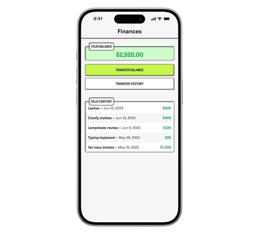 A phone showing the Finances page of the Hyperform app