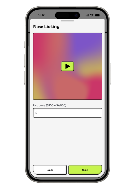 A phone showing the price step in the New Listing screen of the Hyperform app