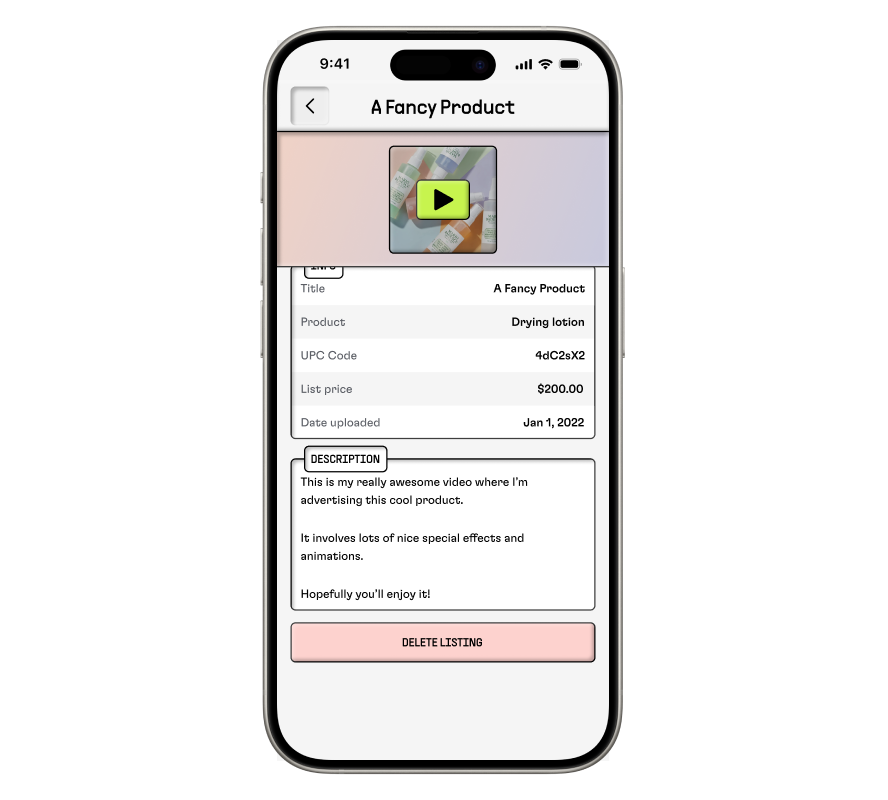 A phone showing product details of one of the content