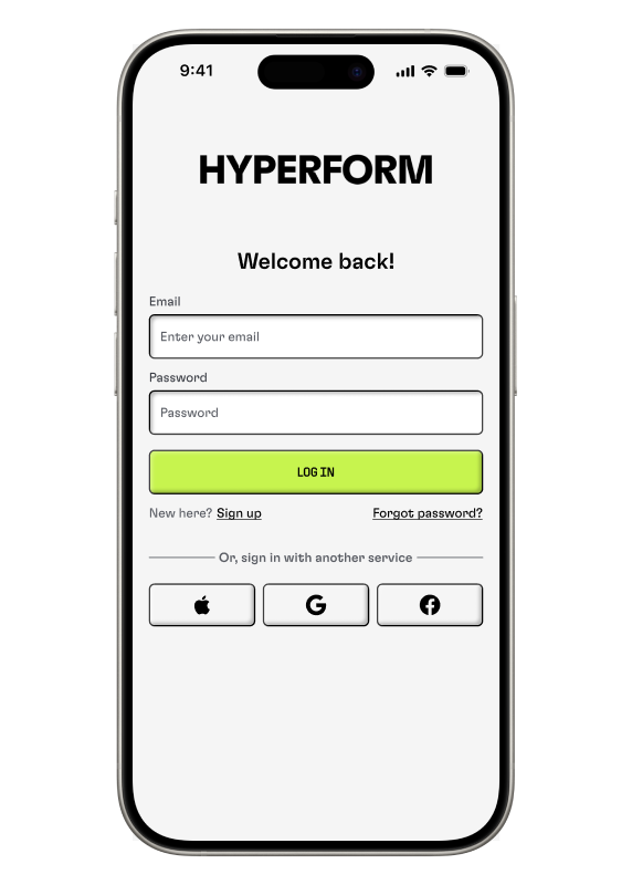 A phone showing the Log In page of the Hyperform App