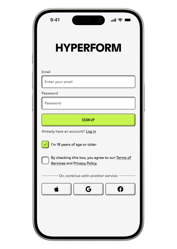 A phone showing the Sign Up page of the Hyperform app