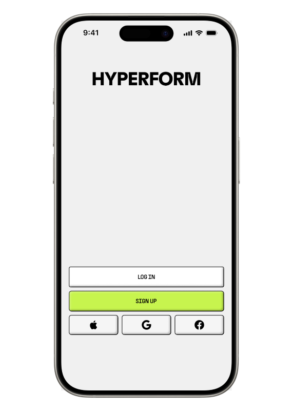 A phone showing the Start page of the Hyperform app