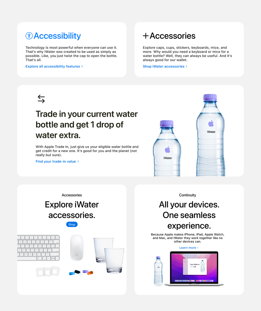 A bento box layout showcasing several features of iWater such as Accessibility, Acccessories, Trade In, and more