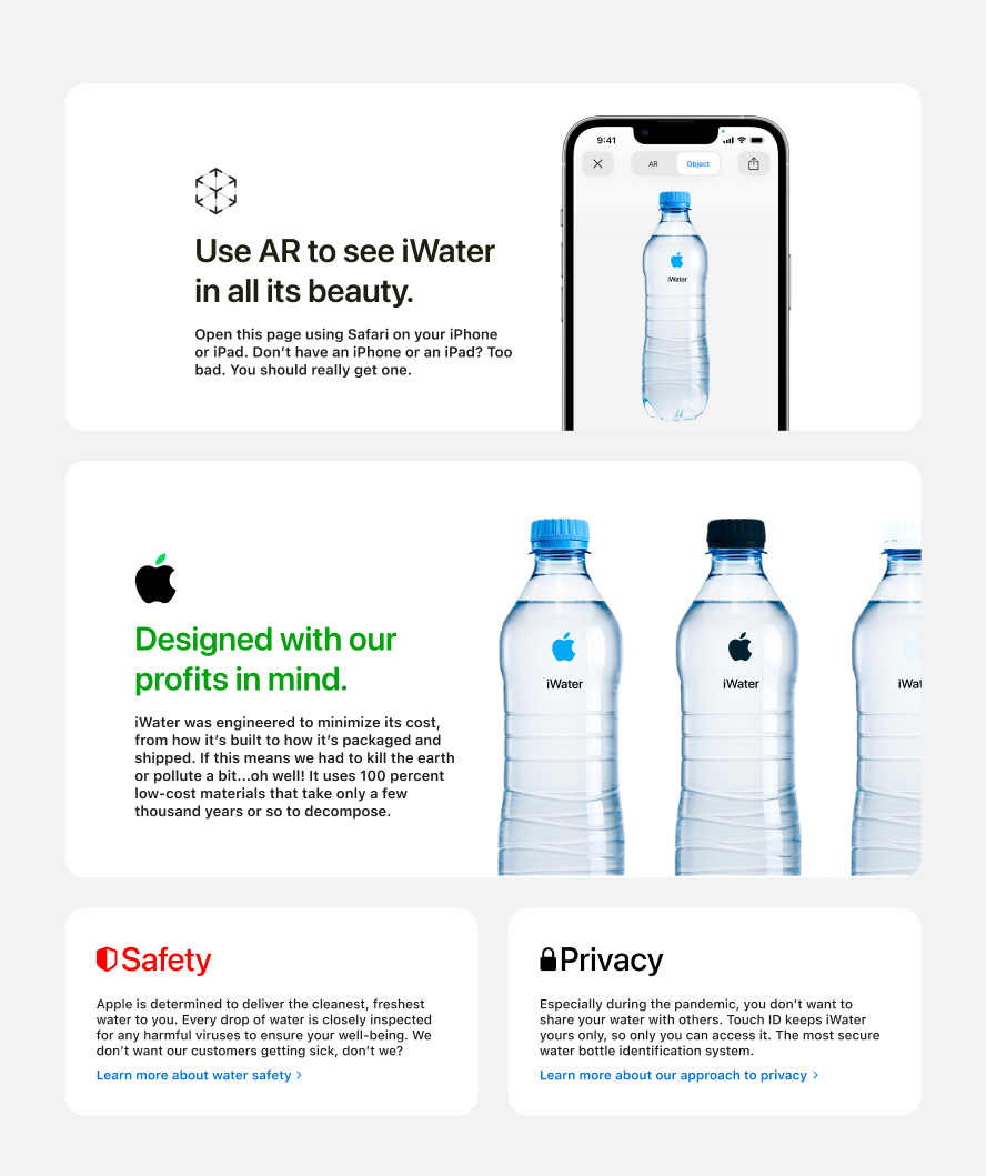 A bento box layout showcasing several features of iWater such as Use AR to see iWater, Safety, and Privacy