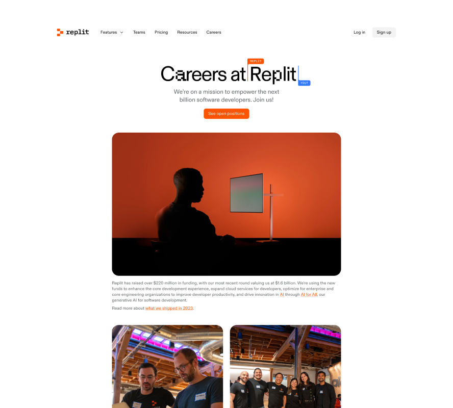 Hero section of Replit Careers marketing page