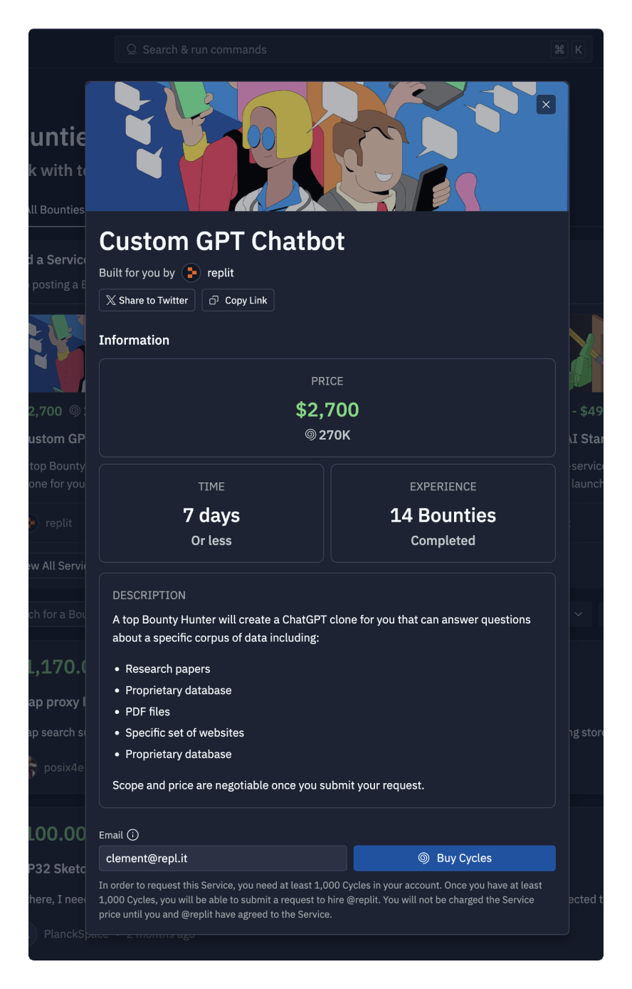 A Bounties Service dialog showcasing the service of a GPT chatbot