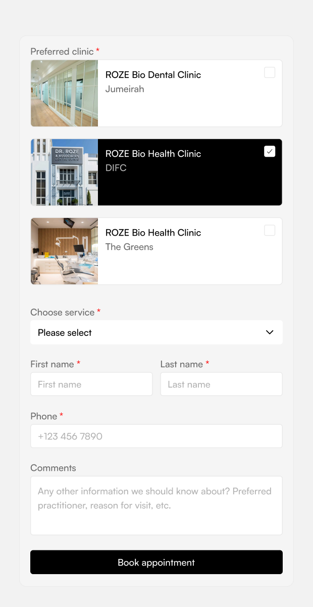 Book an Appointment section where users can select the clinic and fill out a form
