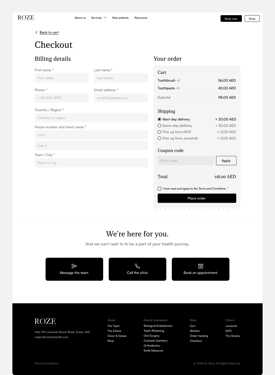 Checkout page containing the user's order and forms, as well as a footer