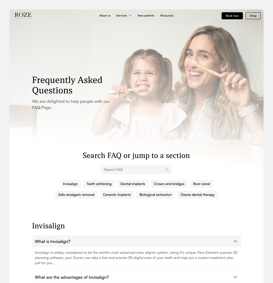 Hero section of FAQ page showing search bar
