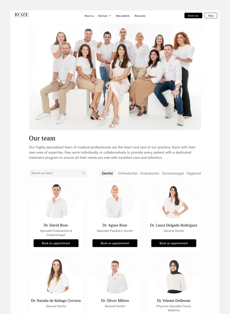 The Team page of ROZE Clinics, showing a group of smiling people and then headshots of the team